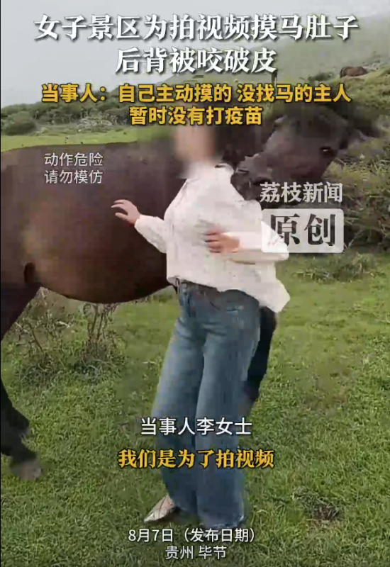 贵州景区一女子因拍摄视频触摸马匹腹部，不幸被马咬伤，-小胖资源分享网
