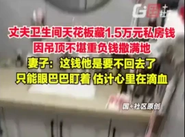 家中天花板突然开裂，偶然间暴露了男子私藏的资金，地上散落着总价值1.5万元的现金。-小胖资源分享网